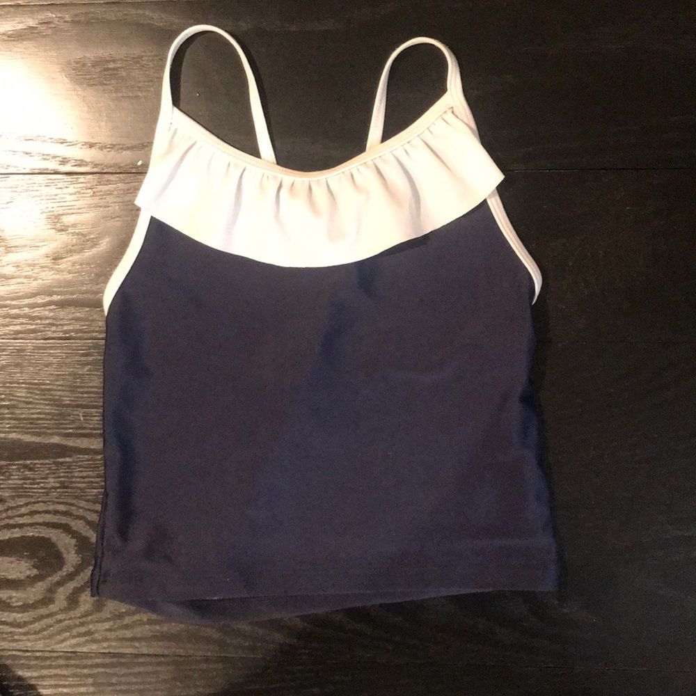 blue and white ruffle tanking top.